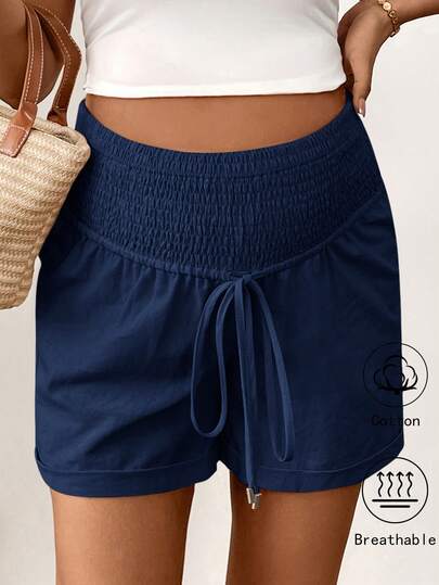 SHEIN Pantalones cortos de lino casuales con cordón de cintura alta y sueltos para mujeres embarazadas, adecuados para el uso diario y las vacaciones, de unicolor simple, para el verano