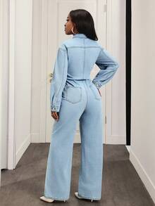 Slaydiva Women's Casual Frayed Button Half-Zip Long Sleeve Denim Jumpsuit, Autumn - Blue - View 2