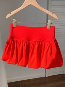 SHEIN EZwear 女士纯色百褶夏季休闲裙 - 紅色 - 查看 3