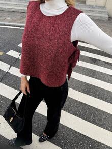 Serisse Women's Solid Color Round Neck Side Slit Hem Fashion Woolen Vest, Autumn/Winter Valentine's Day Casual Red - Burgundy - View 4
