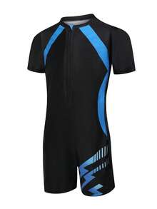 SHEIN Teen Boys' Casual Colorblock Splice Swim Trunks & Rash Guard Set, For Beach, Surfing, Swimming, Summer - Multicolor - View 3