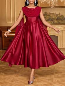 SHEIN Lady Đầm dài ngang gối thanh lịch, màu trơn, kiểu dáng poncho dành cho nữ. - Màu Đỏ Sâu - Xem 7