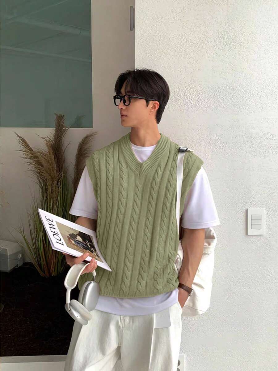 Claim Dot Áo vest dệt kim cổ chữ V màu trơn dành cho nam, kiểu dáng thường ngày, đa năng, thích hợp cho mùa thu/đông. - màu xanh lá - Xem 1