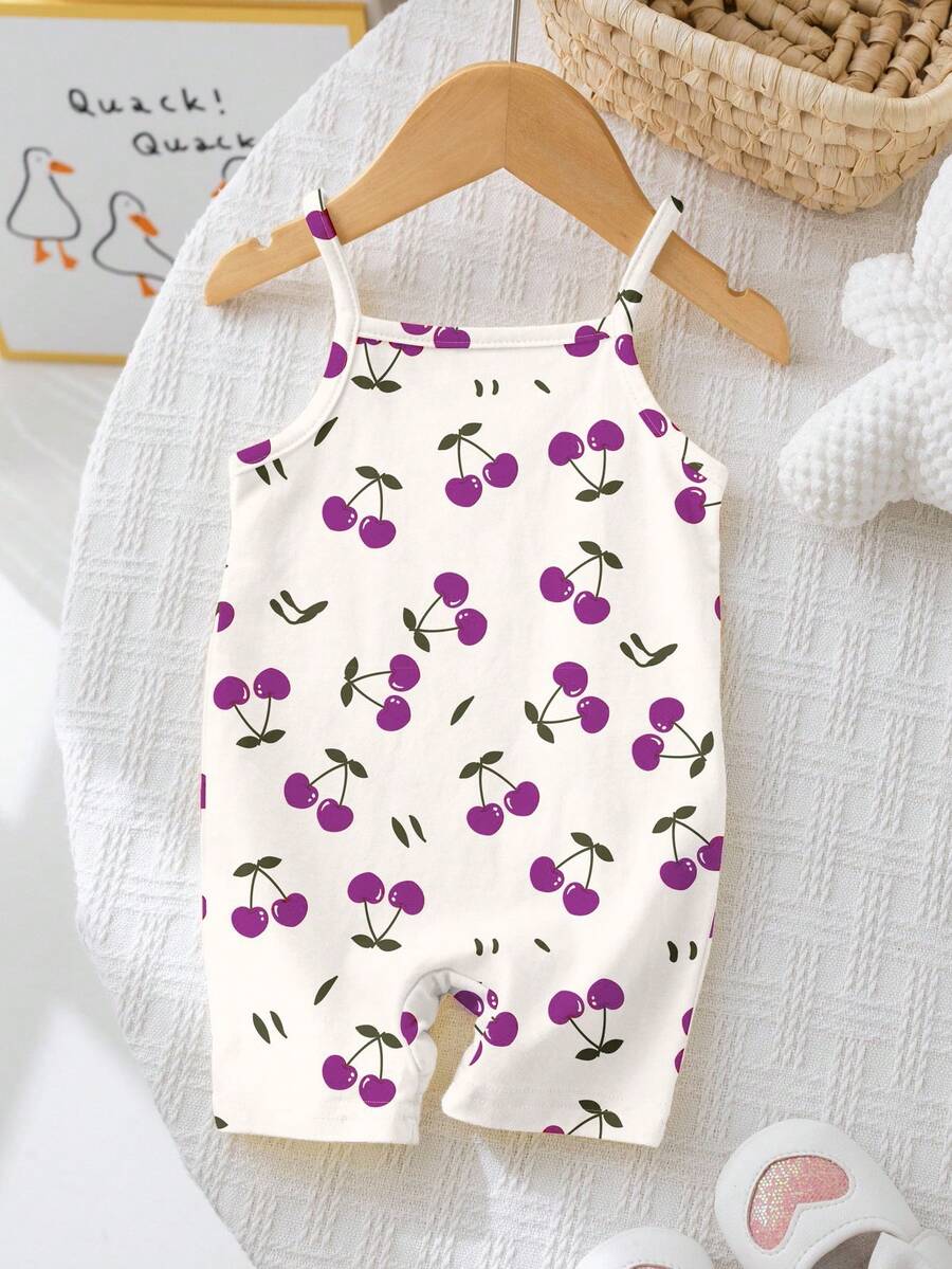 Cute White Cherry Pattern Baby Girl Casual Romper,Basic Summer Vacation Outfits,Korean Style Sleeveless Beach Rompers For Spring/Summer Outing Items - Multicolor - View 1