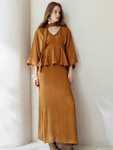 Aveloria Modichic 2pcs Set: Satin Striped Gathered Waist Top & Ruched A-Line Skirt - Mustard Yellow - View 6