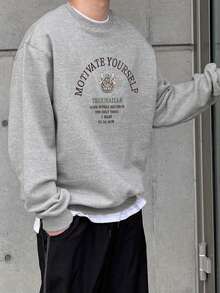 DAZY Sudadera de cuello redondo con bordado de letras para hombre, primavera/otoño - Gris - Ver 2