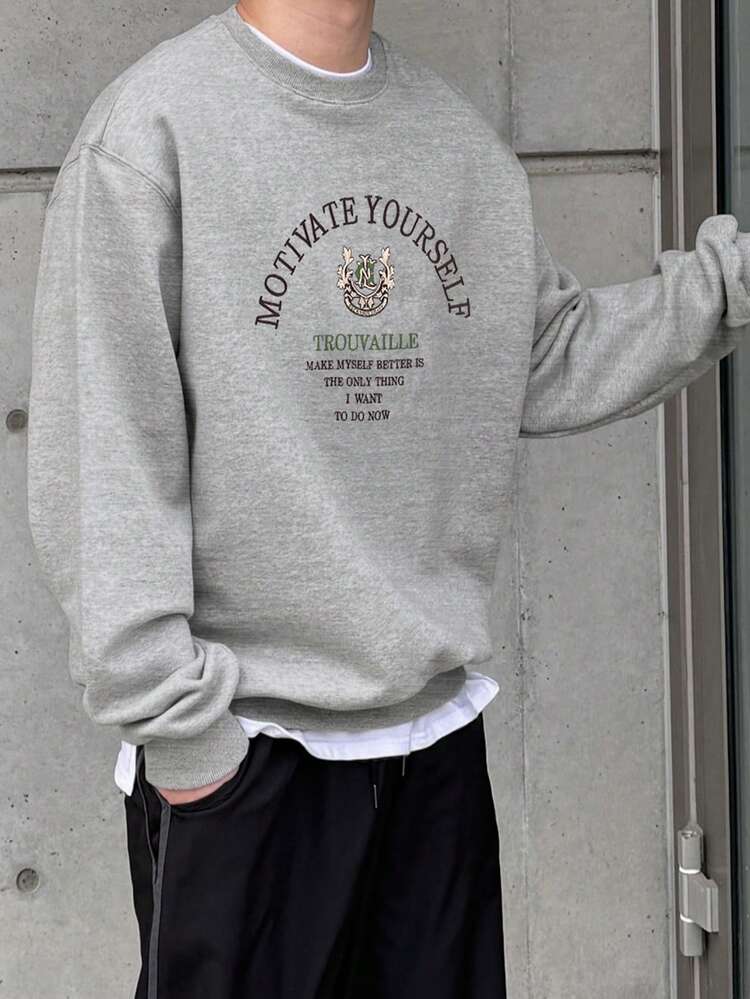 Men's Letter Embroidery Graphic Crew Neck Pullover Sweatshirt, Spring/Autumn
