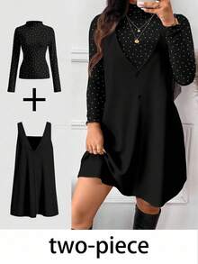 SHEIN Frenchy Conjunto de 2 piezas de top y vestido de lunares elegante para mujer de talla grande, adecuado para otoño/invierno, Año Nuevo, fiesta de música, color negro - Negro - Ver 1