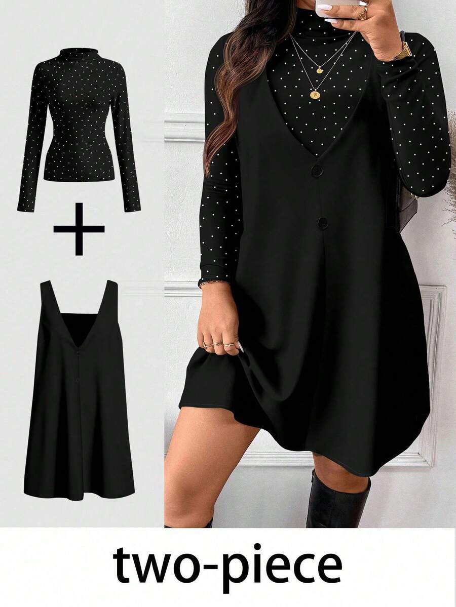 SHEIN Frenchy Conjunto de 2 piezas de top y vestido de lunares elegante para mujer de talla grande, adecuado para otoño/invierno, Año Nuevo, fiesta de música, color negro - Negro - Ver 1