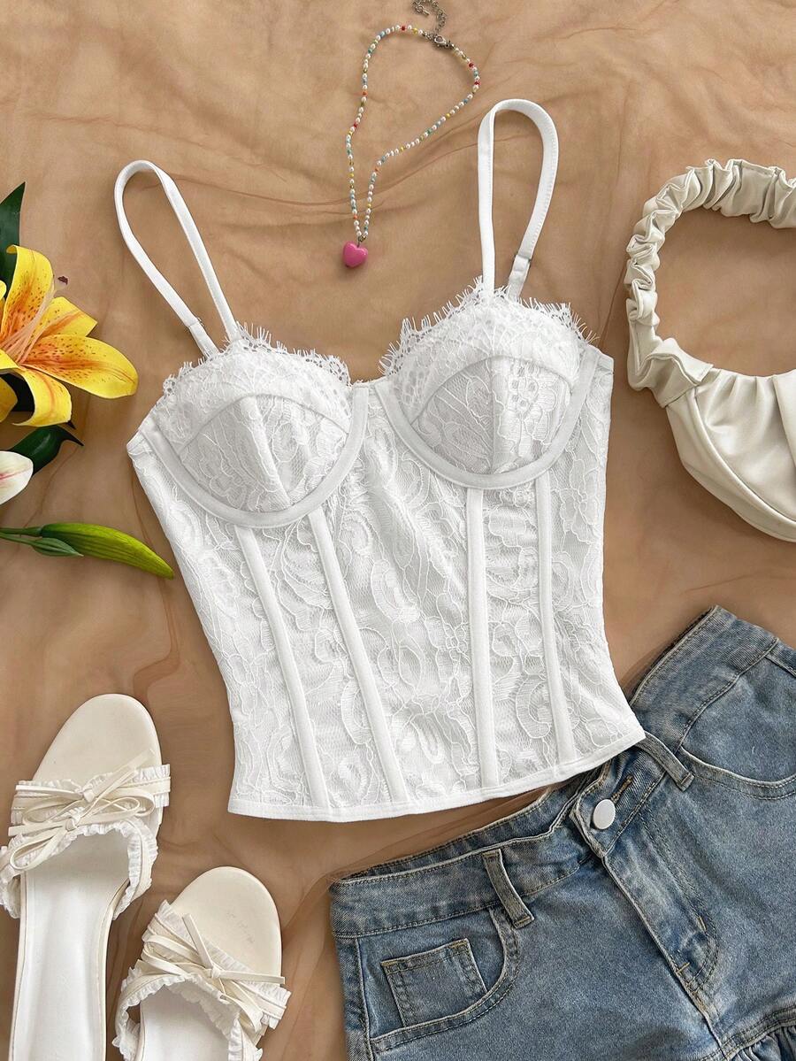 Soleia 白色蕾丝吊带背心，性感迷人，适合度假、约会和日常穿着，秋冬季款。 - 白色 - 查看 1