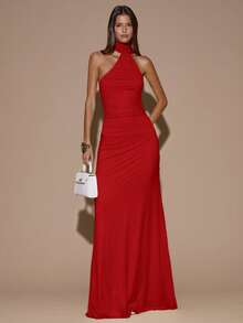 SHEIN BAE 秋冬季女士性感简约纯色奶油黄不对称褶皱露背吊带连衣裙，适合派对、鸡尾酒会、正式场合、伴娘礼服、生日礼服、黄色网纱吊带连衣裙、圣诞节、鸡尾酒会、商务休闲、优雅女士连衣裙 - 紅色 - 查看 7