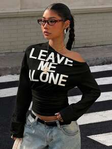 Muchica Femmes T-shirt à manches courtes et longues, taille cintrée, épaules obliques, imprimé lettres, en tricot noir, printemps/été - Noir - Voir 5