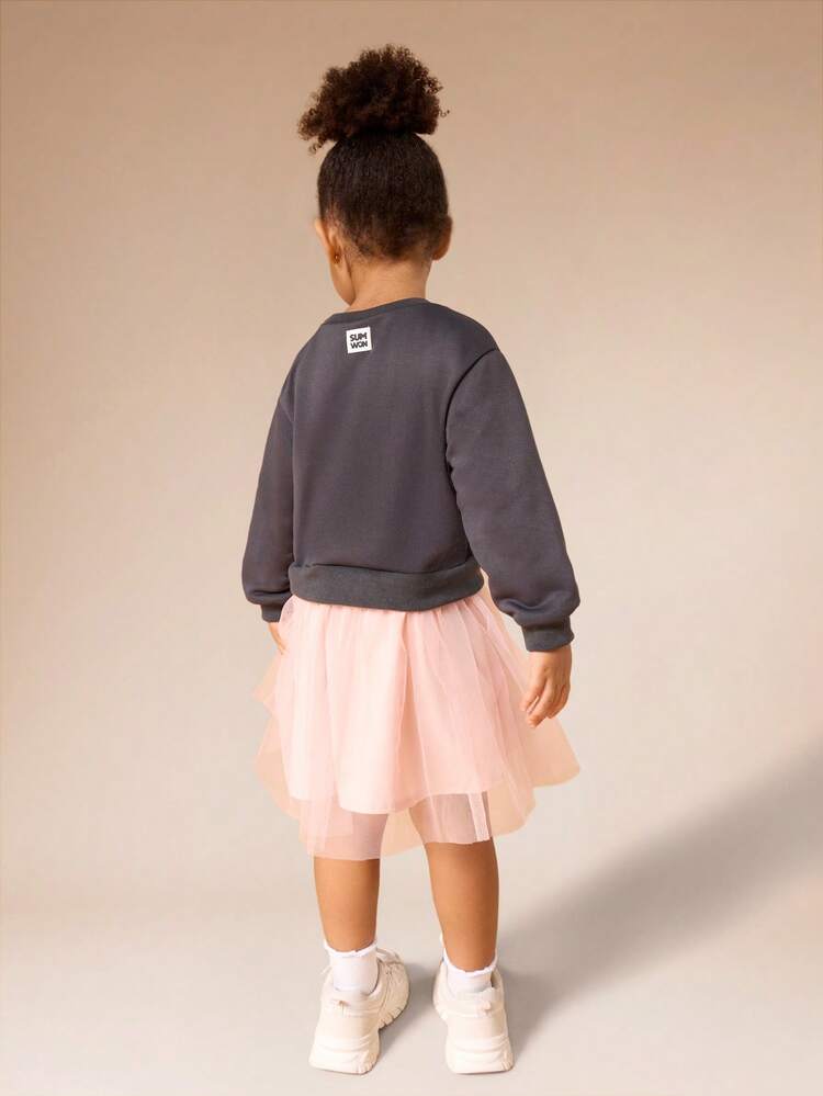 Long Sleeve Tulle Skirt Dress With Cat Print