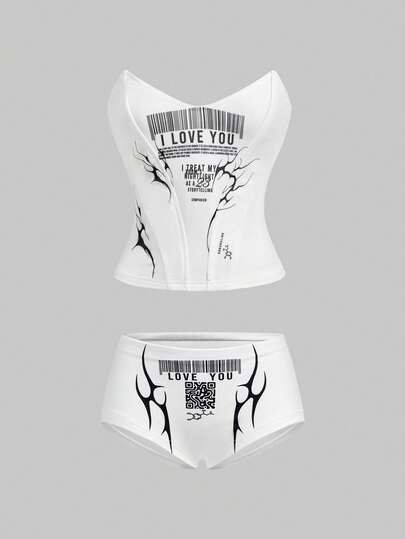 ROMWE Avant Conjunto de 2 piezas de top corto y shorts ultra cortos con estampado de código QR de vanguardia Y3K para mujeres