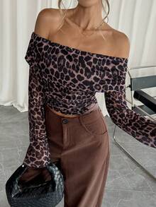 Siren Gaze Women's Fashionable Sexy Off Shoulder Leopard Print Long Sleeve T-Shirt Leopard Top Spring Casual - Multicolor - View 2