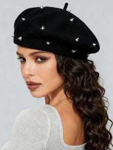 ROMWE Grunge Punk 1pc Punk Style Circular Hollow Rivet Beret Hat, Y2K Round Pendant Newsboy Cap, Daily Personalized Fashion Item - Black - View 3