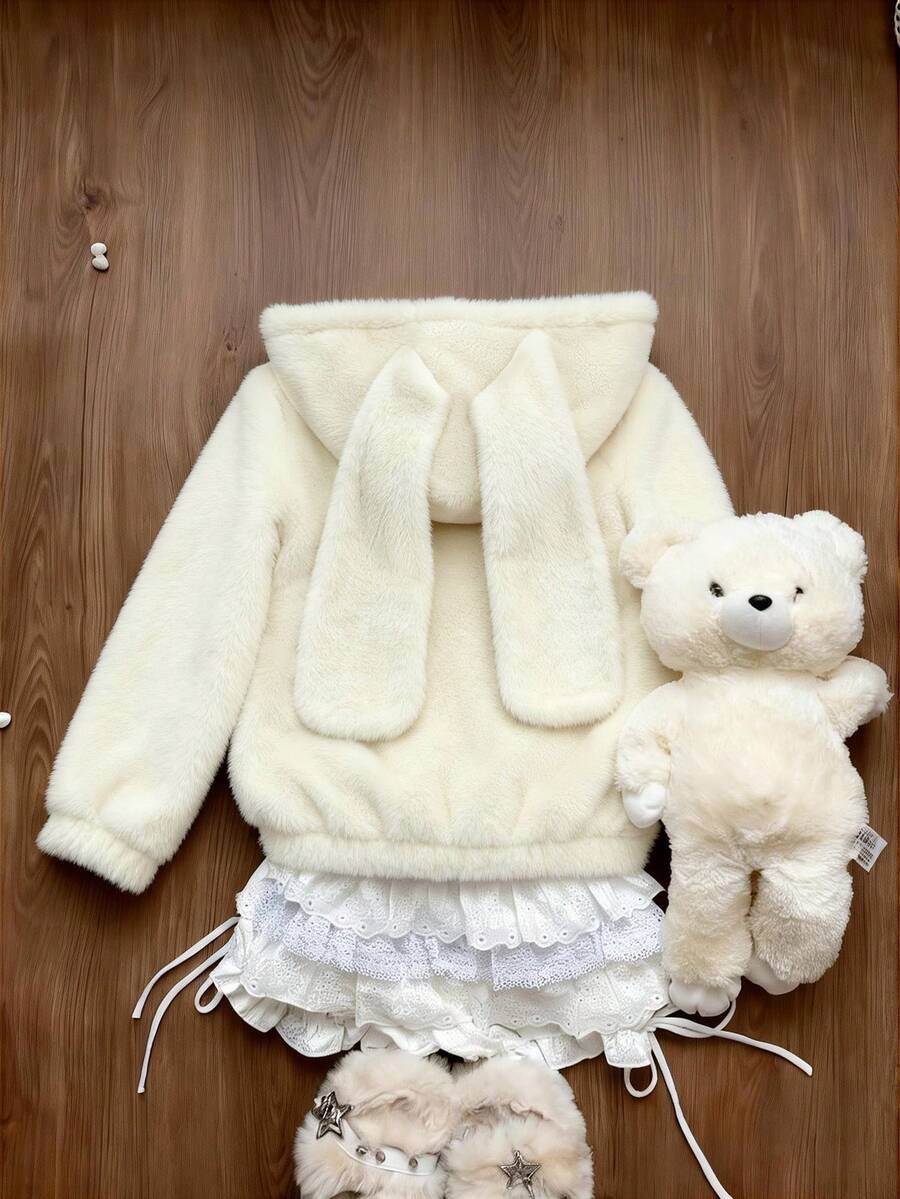 Sweetra Plus Size Women Solid Color 3D Ear Design Cute Faux Fur Jacket - White - View 1