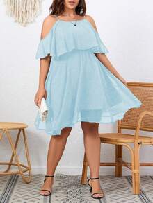 Flouryn Plus Size Women Solid Color Ruffle Trim Off Shoulder Fashionable Dress - Baby Blue - View 3