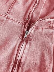 SHEIN MOD 女士纯色简约日常穿搭水钻装饰无肩带牛仔连体裤 - 粉色 - 查看 6