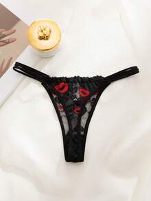 SHEIN Sexy Lace Trim Lip Print Thong Panty For Women - Black - View 7