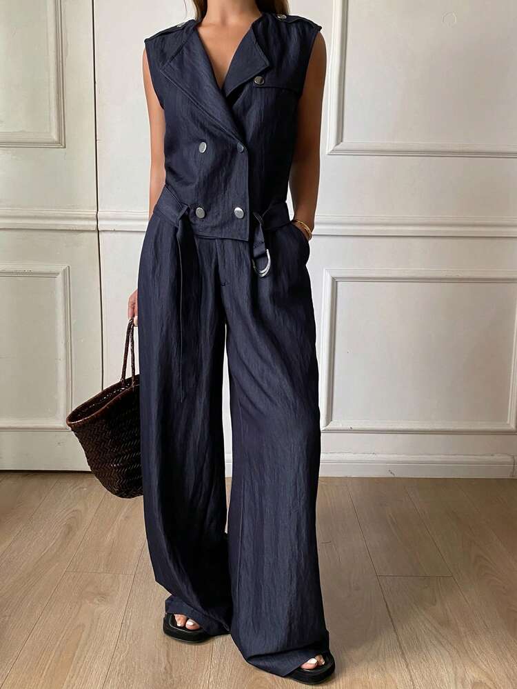 2pcs Women Casual Loose Solid Color Lapel Sleeveless Belted Vest Jacket And Wide Leg Pants Set, Elegant For Spring/Autumn