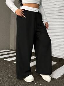 SHEIN PETITE CURVE 大码女式字母印花抽绳腰带口袋阔腿休闲宽松运动裤，适合毕业季、返校季穿着，也适合教师穿着。 - 黑色 - 查看 4