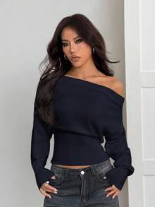 SHEIN PETITE 米色宽松花卉不对称肩部浪漫针织毛衣，秋冬款