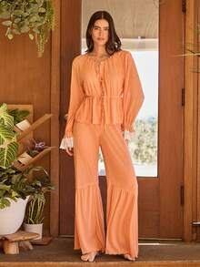 Lullawish Bohemian Lace Trim Women Pajama Set Women Lounge Wear Sets Orange Pj Set Orange Pajama Set Women Pajamas Set Two Piece Pant Sets In Women - Orange - View 5