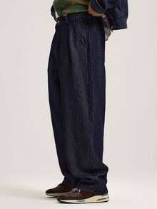 Musero Wide Balloon Leg Pleated Detailing Button Belt Loop Holes Raw Japanese Style Denim Trouser Jeans Autumn Winter Essentials - Dark Wash - View 3