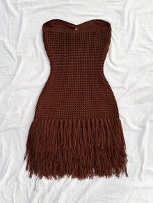 Soleia 女士度假针织纹理金属流苏迷你连衣裙，性感派对约会海滩度假夏季装扮，适合度假约会、下午茶、婚礼季、海滩游轮度假、城市自驾游度假、波西米亚风度假、音乐节等场合。 - 咖啡棕 - 查看 2
