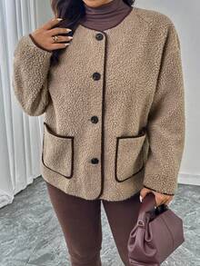 SHEIN LUNE Plus Size Contrast Color Casual Long Sleeve Winter Knitted Button Up Coat - Khaki - View 8