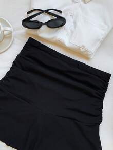 SHEIN EZwear Của phụ nữ Xếp li Xù Hoa Sen Váy midi - màu đen - Xem 6