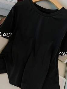 GlowEve CURVE Plus Size Women Summer Knit Elastic Round Neck Short Sleeve Beaded Casual T-Shirt, Suitable For Commuting, Outings And Gatherings - Black - View 6
