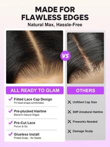 #613 金色渐变挑染 6x5 波波头假发，自然波浪卷 - 100% 真人发丝，隐形打结，无胶假发，预剪蕾丝，预拔毛，逼真发际线，新手友好，透明蕾丝闭合假发 - 透气帽，柔软弹力，全天舒适，日常佩戴