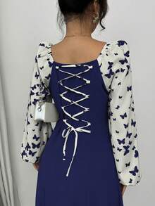 Modelyn Đầm nữ in hình bướm, tay phồng, lưng nhún, thắt dây, kiểu dáng thanh lịch. - Màu xanh lam - Xem 4