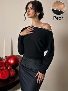 Firerie Women's Elegant Minimalist Delicate Romantic Date Daily Versatile New Arrival Popular New Year Valentine's Day Spring Pearl Shoulder Long Sleeve Loose Black Knit Sweater,Sweaters For Women - Black - View 2