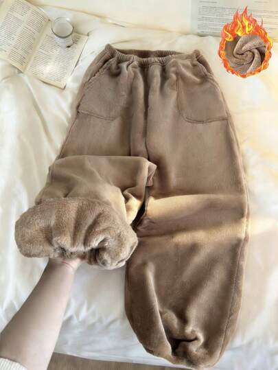 Franclia 休闲简约贴袋法兰绒抽绳家居裤/睡裤