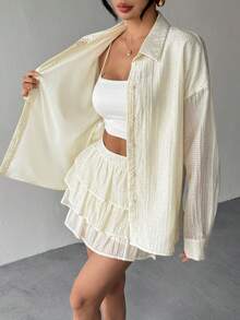 Chiquease Women's Party Jacquard Rhinestone Collar Long Sleeve Blouse + Rhinestone Cake Skirt 2 Pieces Set - Apricot - View 4