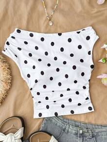 SHEIN 少女白色针织休闲简约波点印花修身不对称褶皱短款上衣，适合春夏穿着，休闲百搭，可打造个性造型，日常穿着 - 黑與白 - 查看 3