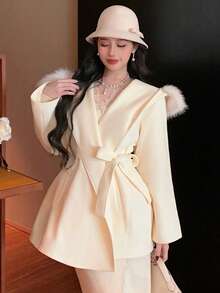 DAZY Women's Elegant Wool Collar Belted Overcoat, Autumn/Winter - White - View 8