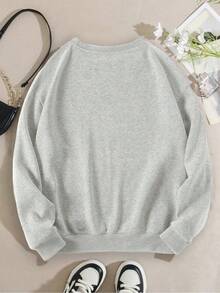 Flirla Plus Size Women's Solid Round Neck Thermal Lined Sweatshirt - Light Grey - View 2