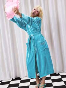 Y2Kool BiGraphic Turquoise & Mint Blue Reversible Flannel Y2K Girly Casual Loose Robe For Women, Suitable For Home Wear, Autumn/Winter, New Year - Mint Blue - View 5