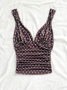 Soleia 女士优雅度假风波点针织面料扭结肩带褶皱修身吊带背心，适合度假、约会、下午茶、海滩、邮轮、城市旅行、海岛度假、音乐节、波西米亚风度假等场合，可内穿或外穿 - 棕色 - 查看 5