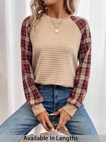 SHEIN Tall CURVE 大尺碼格紋插肩袖運動衫 秋冬款 大尺碼牛仔褲 女款大尺碼服飾套裝 秋冬大尺碼服飾 - 卡其色 - 查看 1