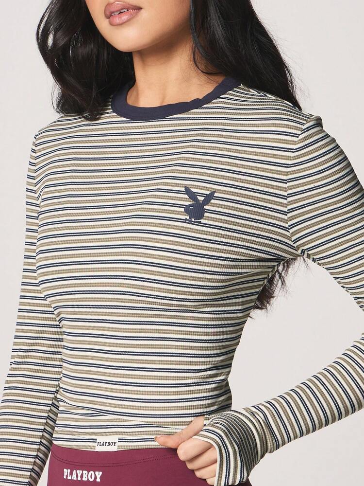 Missguided x Playboy Long Sleeve Ribbed Stripe Top With Crew Neck And Logo Embroidery For Casual Winter Fall Style