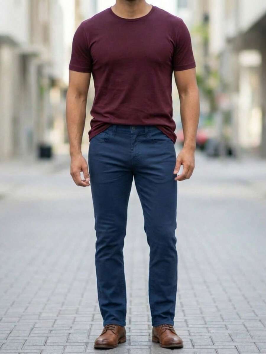 Pantalón para hombre estilo urbano sencillo tela mezclilla ajuste entallado tiro medio sin cuello largo uso diario oficina casual - Azul - Ver 1