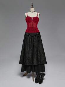 ROMWE Goth 哥特式十字架吊坠浪漫蕾丝拼接植绒连体衣（女款） - 紅色 - 查看 4