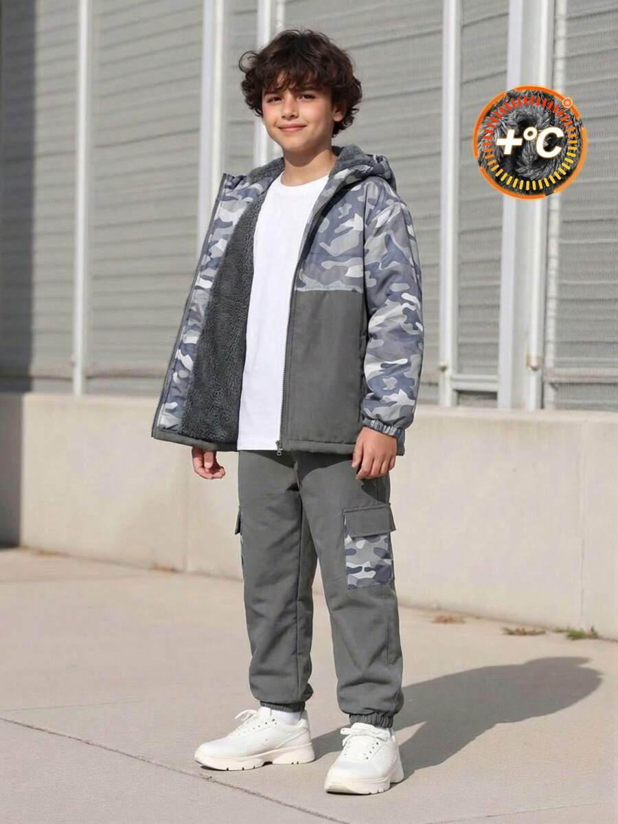 Vacaura 2件套男童迷彩拼布保暖内衬连帽拉链夹克和裤子套装