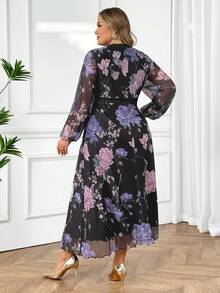 SHEIN CURVE+ Valentine's Day Women's V-Neck Lantern Sleeve Stretch Mesh Contrast Print Fitted Waist Elegant Romantic Plus Size Dress Fall Cloth For Women 8xl Women Clothes Plus Size Floral Dress - Multicolor - View 2
