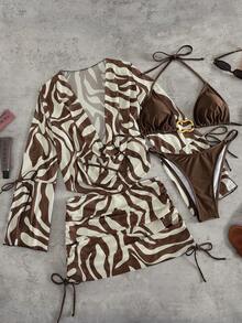 Swim SXY Chocolate Brown Summer Casual Beach Vacation Holiday Women 4-Piece Bikini Set,Triangle Halter Bikini,Mesh Long Sleeve Pullover,Side Ruched Skirt - Brown - View 3